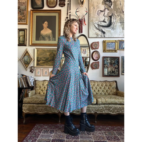 Vintage Blue Floral All over Print Long Sleeve Maxi Dress Size Small - Picture 2 of 9